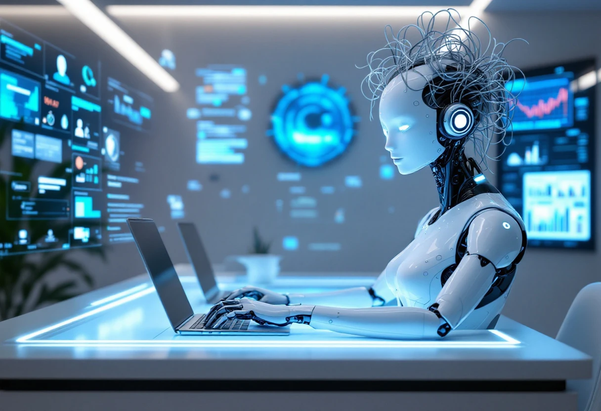 An image of a busy office environment where an AI receptionist is effectively managing multiple calls and scheduling appointments on a digital interface.