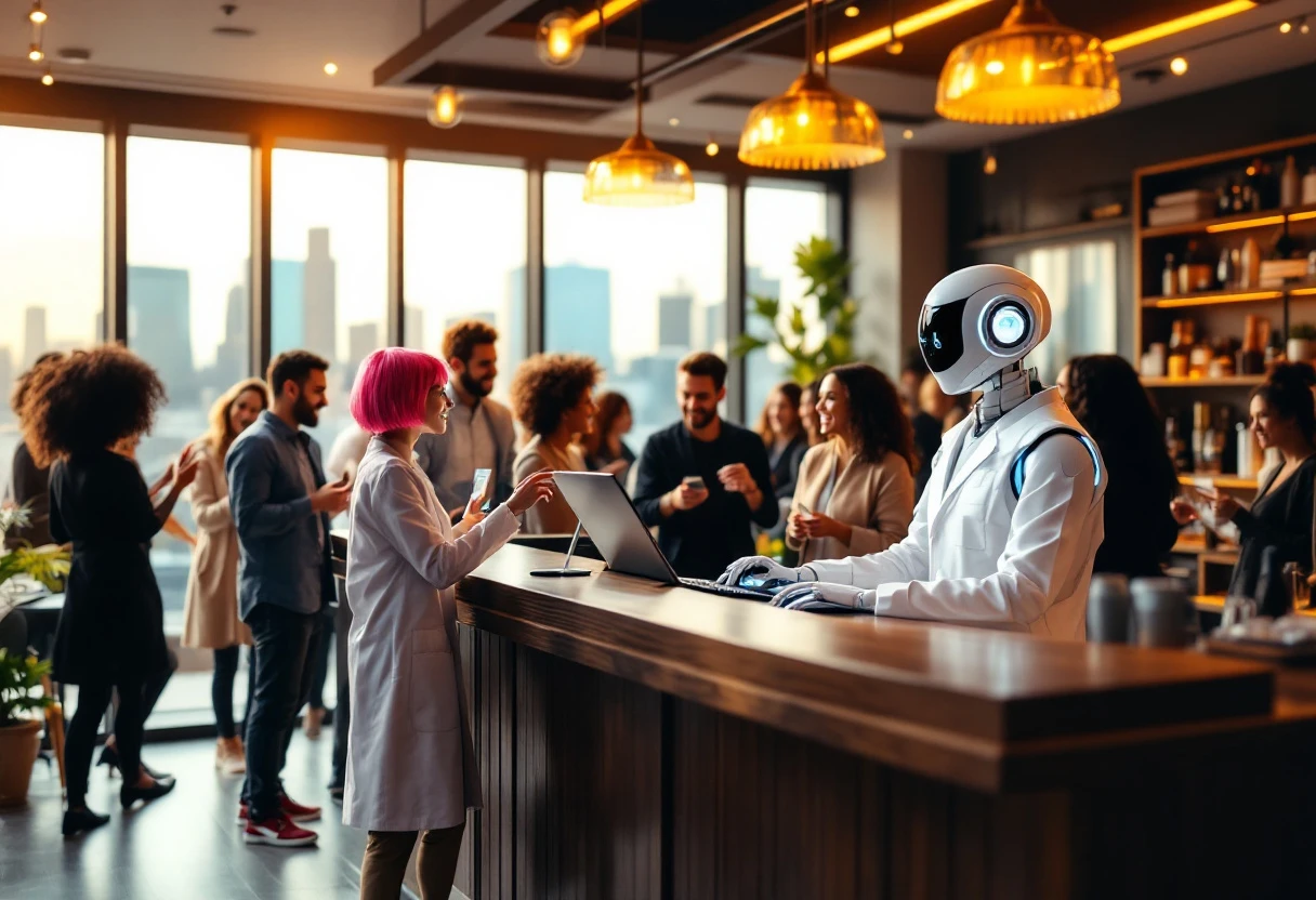 An engaging image of a busy salon with clients happily booking appointments at a reception desk while an AI assistant helps manage the scheduling