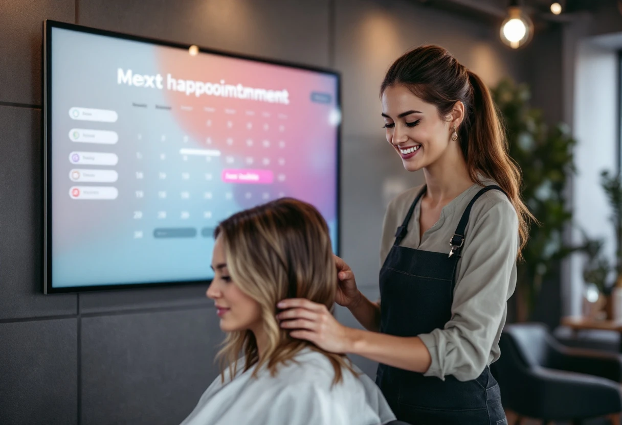 A bright and modern salon featuring a stylist consulting with a client, highlighting the seamless appointment scheduling on a digital device in the background.