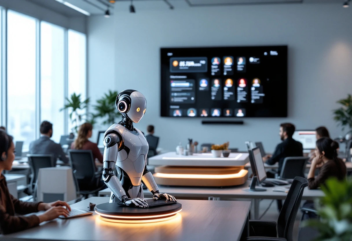 A busy office environment showcasing an AI assistant interacting with customers via calls and texts, highlighting the seamless integration of technology and human interaction.