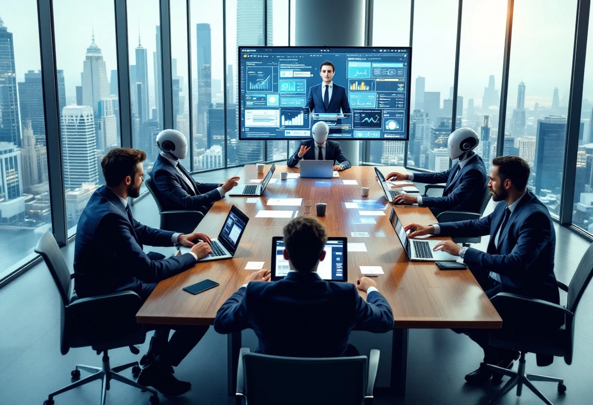 A modern office setting showcasing a business team utilizing AI for customer service, with digital dashboards displaying performance metrics.