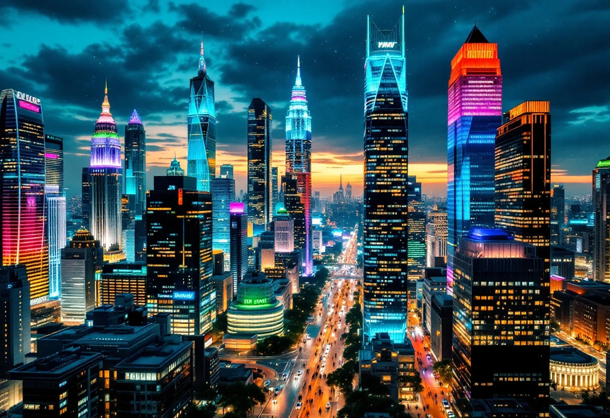 A bustling city skyline at night with glowing office buildings symbolizing 24/7 customer engagement