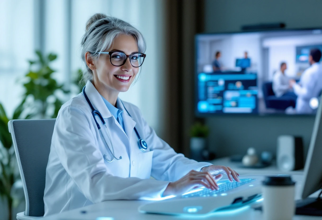 A healthcare professional using AI technology to manage patient calls in a modern clinic setting.