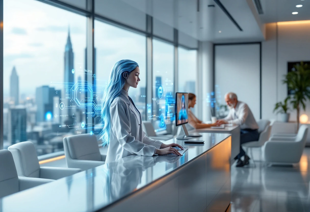 A creative depiction of a medical office setting with an AI receptionist interacting with patients through various digital channels.
