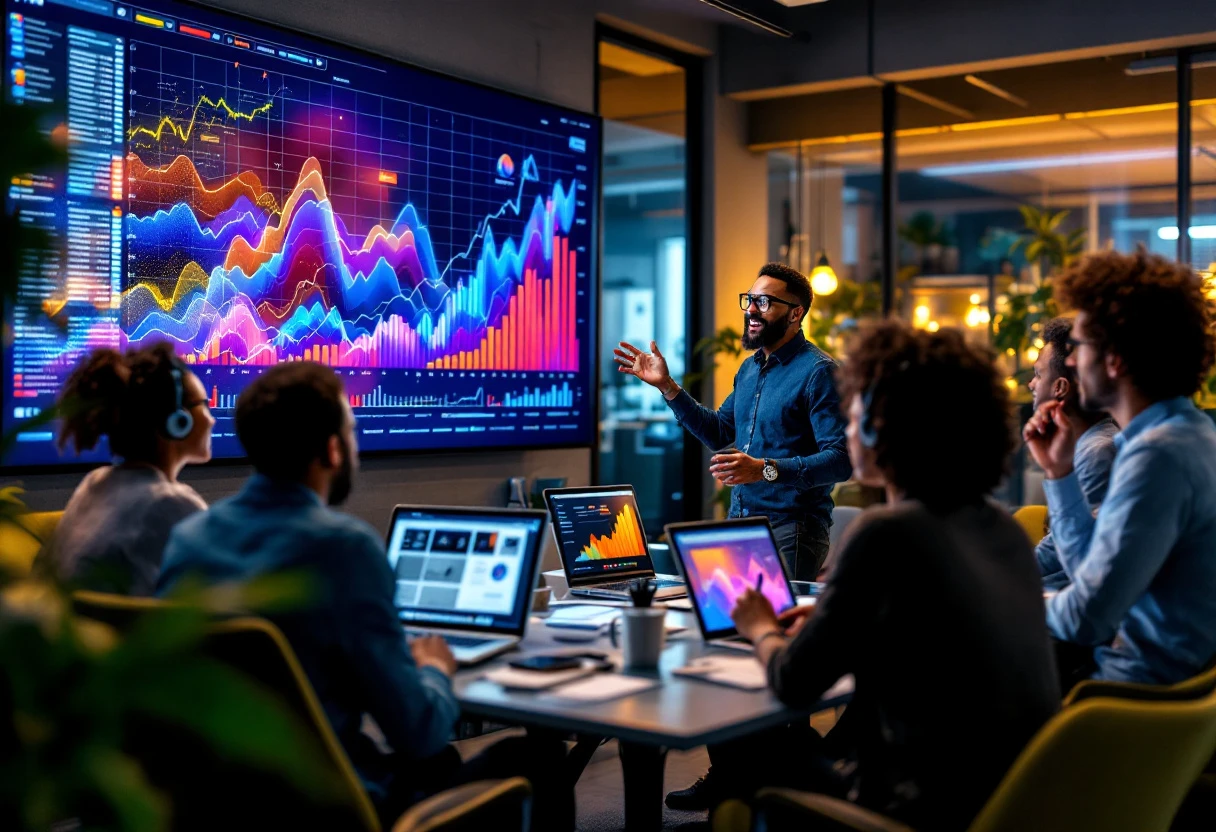 An office setting where team members are engaged in an animated discussion while looking at graphs and analytics on screens, representing collaborative screening efforts.