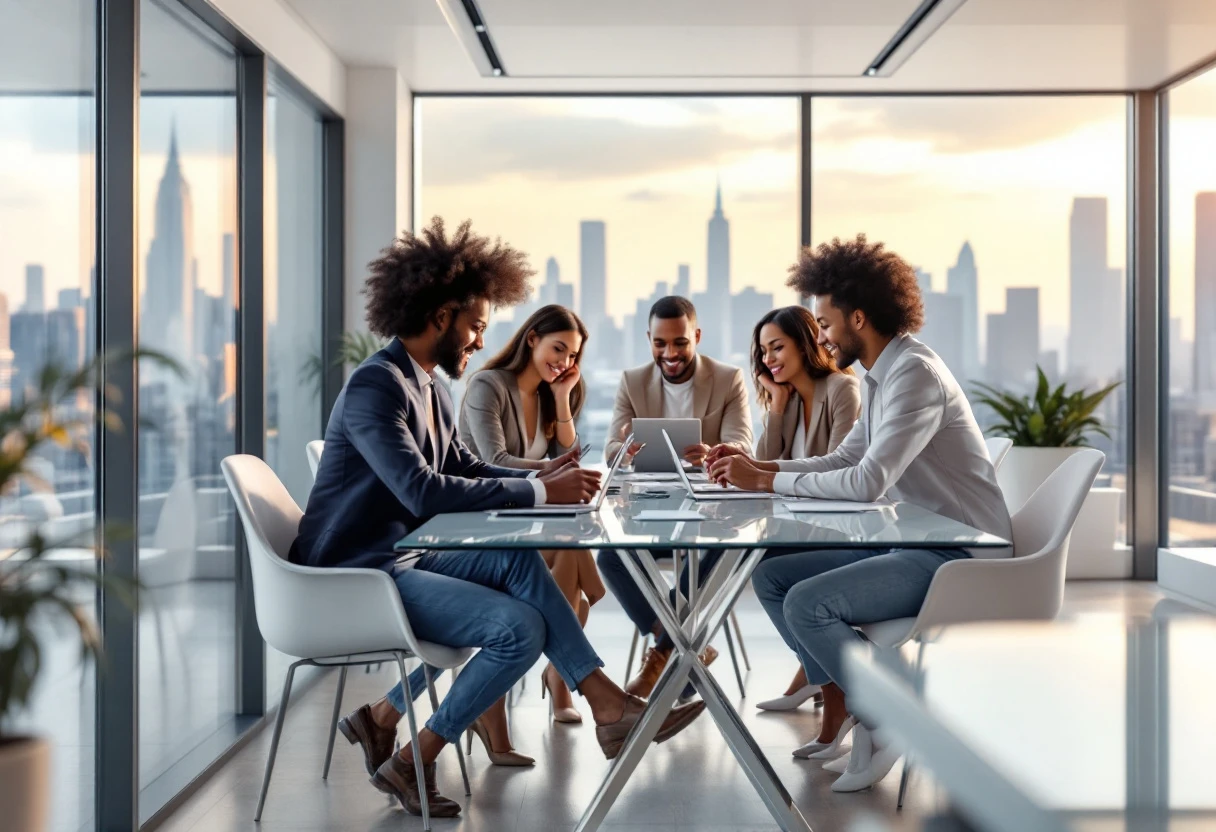 An engaging graphic of a team using digital tools in a modern office setting, showcasing collaboration and efficiency with AI technology.