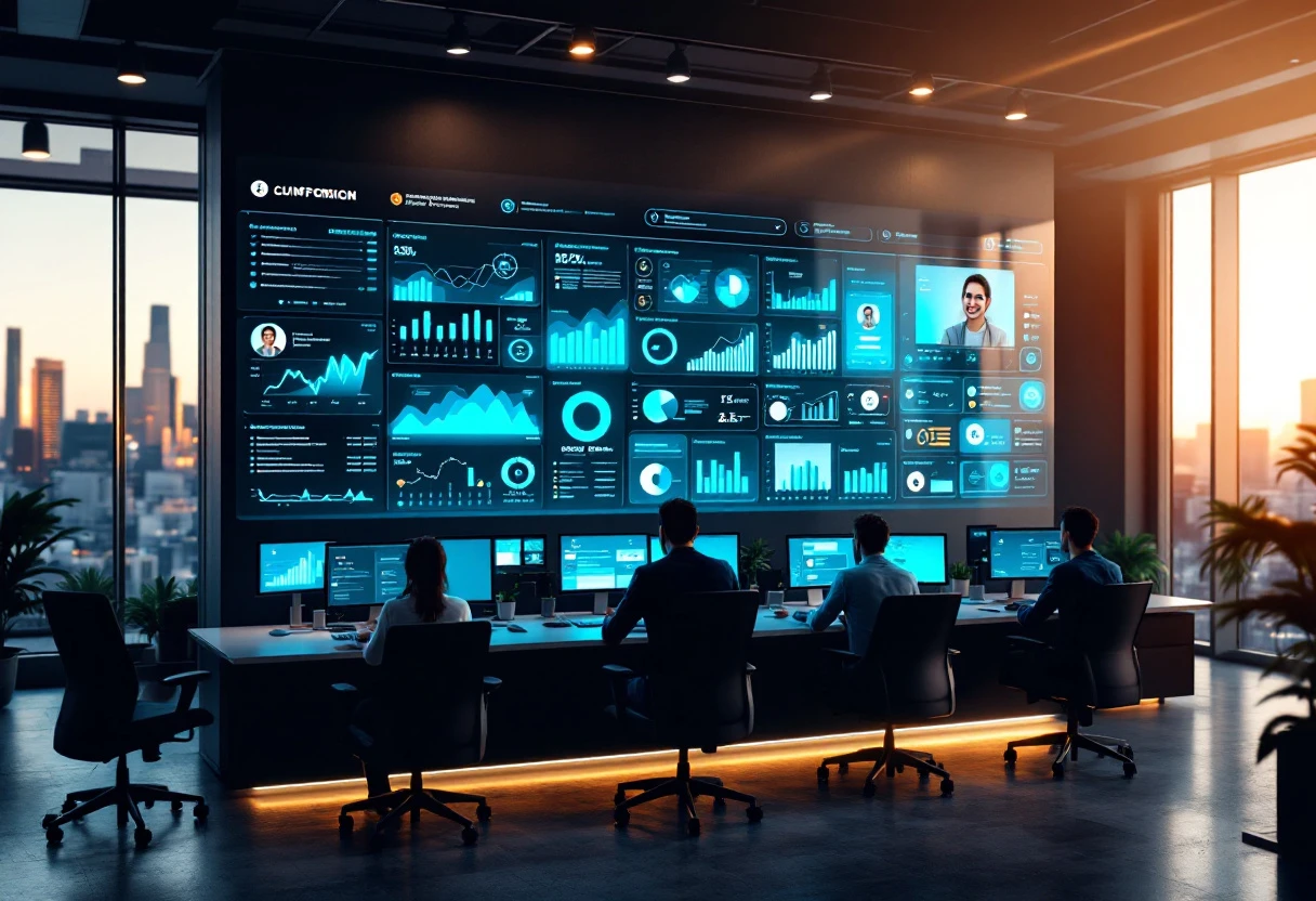 A busy, modern office scene with an AI dashboard displaying real-time customer interactions.