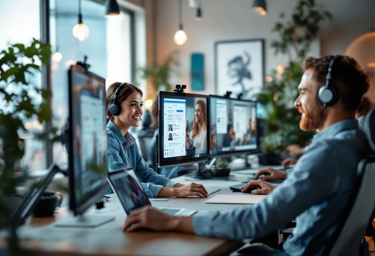 Image showing a busy office with employees effectively using a remote team phone system to communicate with clients.