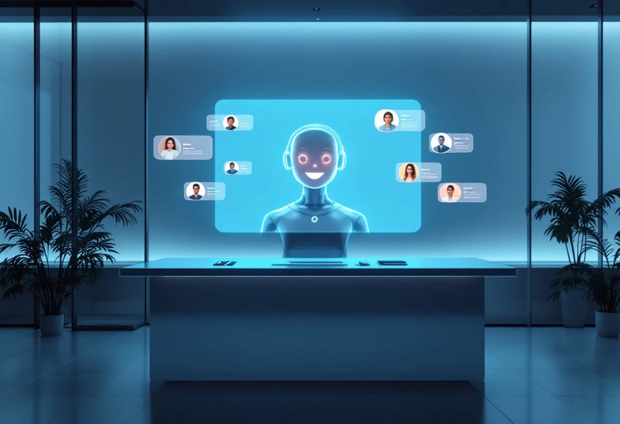 A modern office setting with an AI receptionist interface on a computer screen and multiple callers being assisted simultaneously.