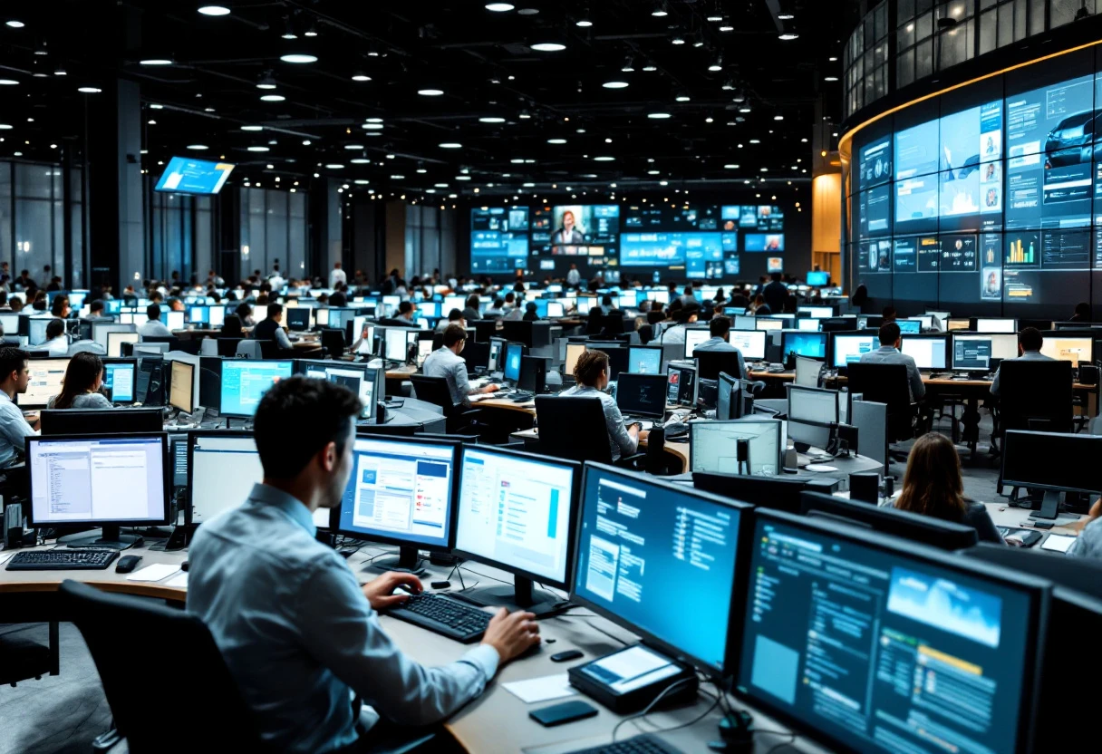 A busy call center with employees communicating through phones and large screens displaying customer data, while simultaneously sending text messages to customers.