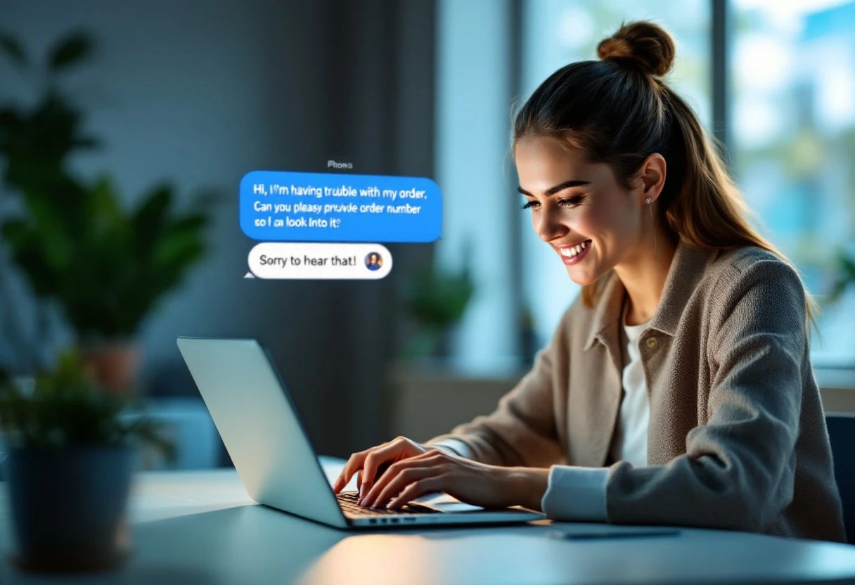 An engaging visual of a customer service representative texting a customer, emphasizing the connection between phone inquiries and SMS follow-up.