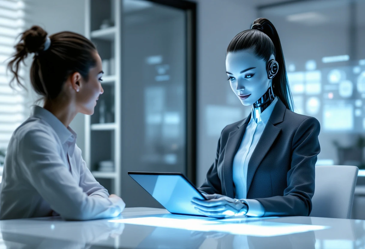 A graphic depicting a modern AI receptionist assisting a customer through a smartphone or web app, highlighting 24/7 service and engagement features.