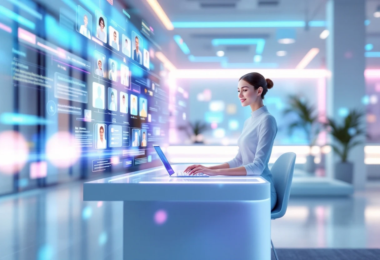 An AI-powered virtual receptionist actively engaging with multiple callers through a vibrant, modern interface.