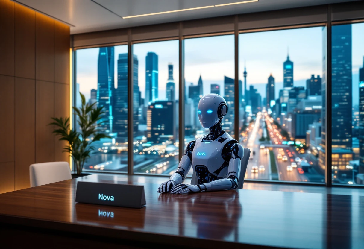 An engaging image showcasing a modern office environment with an AI receptionist in action, illustrating professionalism and efficiency.
