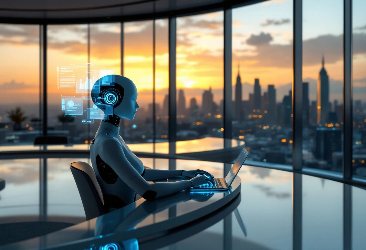 A visual representation of an AI receptionist interacting with customers, showcasing a futuristic office setting that emphasizes connected technology and automation.
