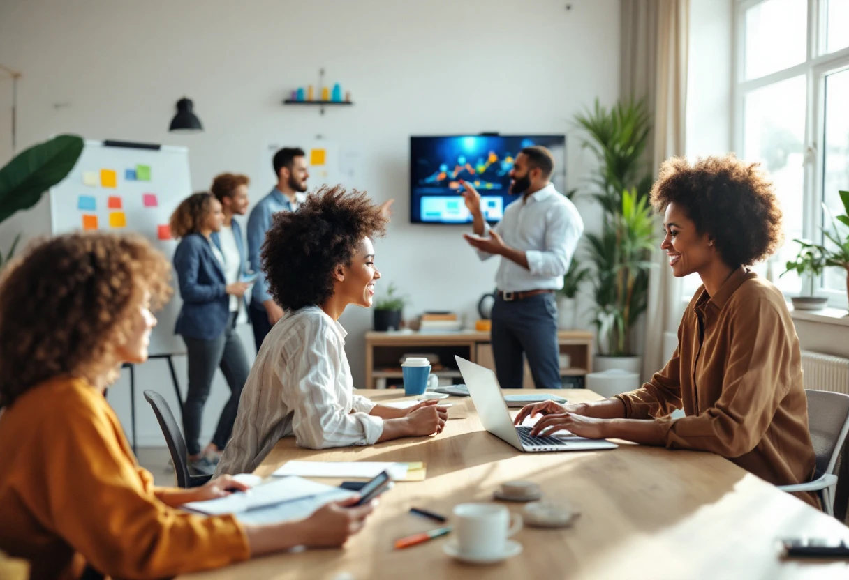 A vibrant office scene showing professionals using various communication tools, including modern phone systems, laptops, and collaboration software, facilitating seamless customer interactions.