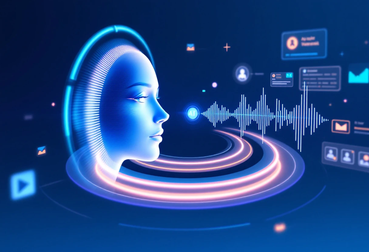 A graphic illustrating the flow of voicemail messages through an AI-powered system, highlighting the transition from voice to text and the notification process.