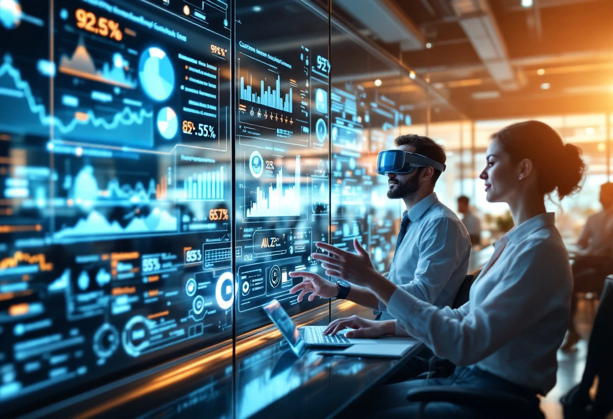 An innovative office scene showing insurance agents using AI technologies, with digital interfaces and charts depicting improved metrics and customer engagement.