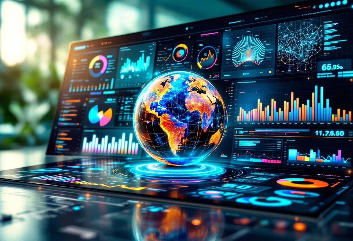 Illustration of AI-driven analytics software displaying data trends and predictive modeling dashboards used for insurance lead qualification.