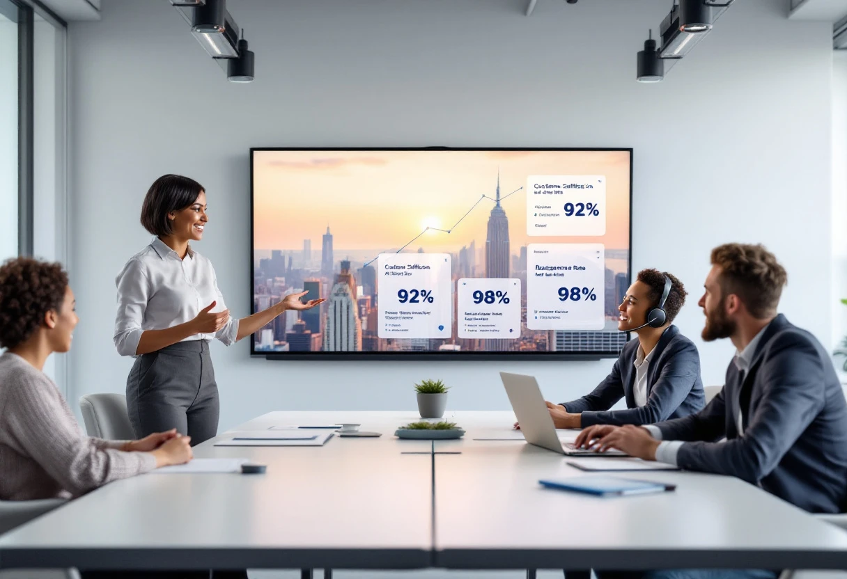 A visual representation of a business team using AI technology to manage customer inquiries efficiently, with graphs displaying improved response rates and customer satisfaction.