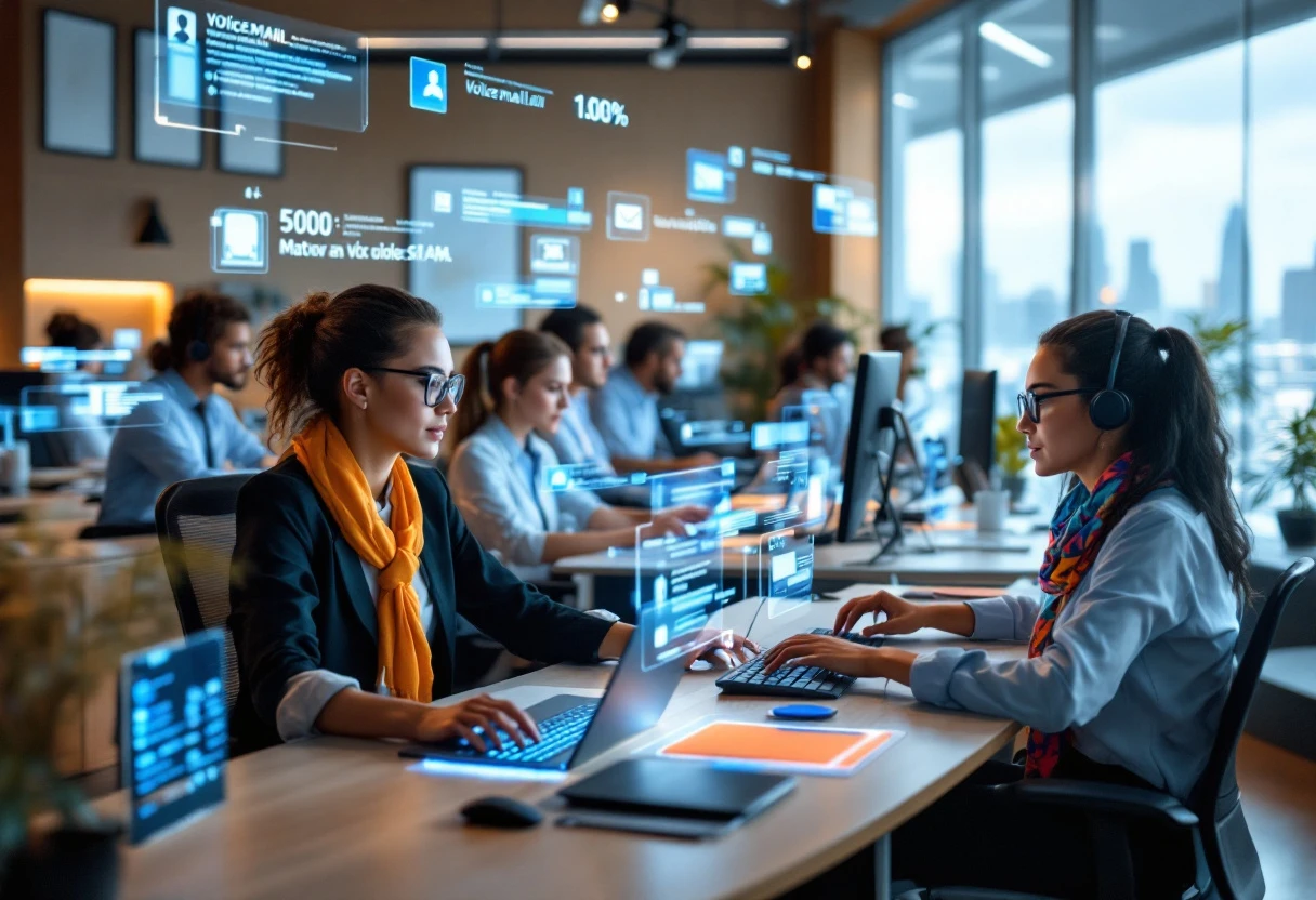 A visual representation of a busy office scene where staff efficiently address incoming customer inquiries using advanced voicemail technology.