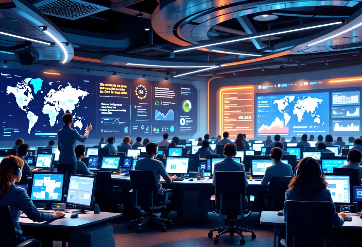 A visual representation of a modern multi-location call center with interconnected agents handling calls from various locations.