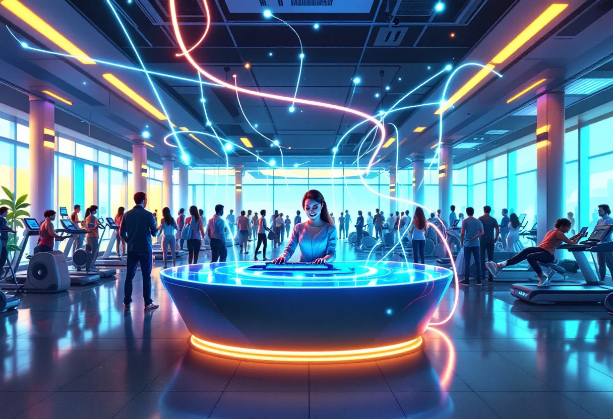 A vibrant and dynamic illustration of a fitness center with multiple phone lines connecting to a central AI receptionist, symbolizing effective communication.