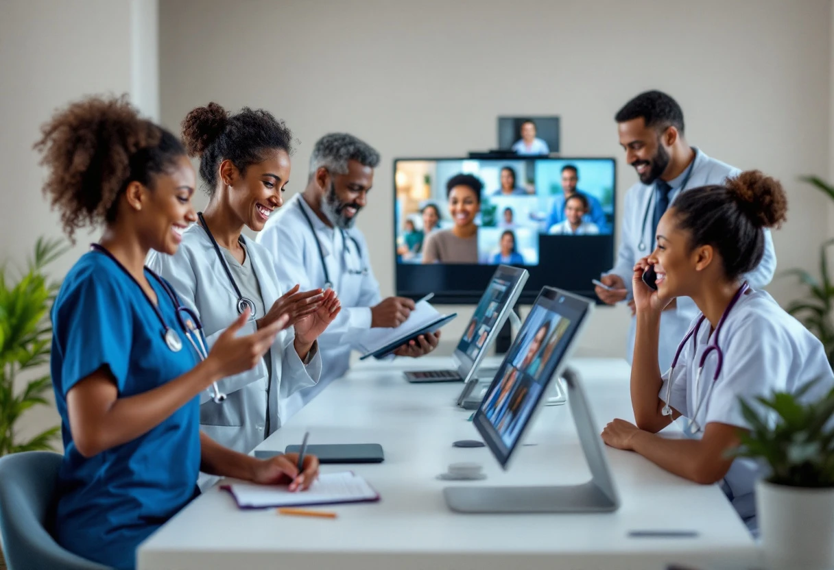 Visual representation of an engaged healthcare team interacting with patients through a phone system, showing positive communication.