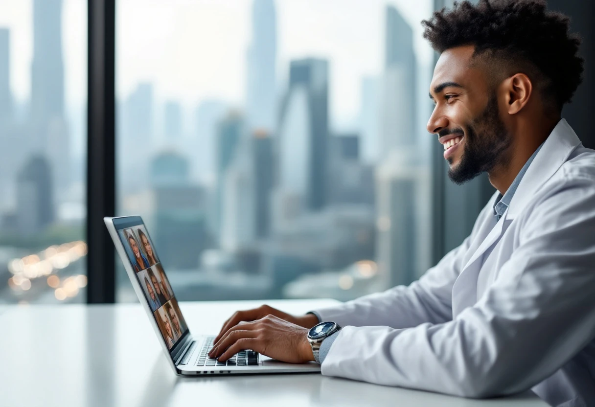 An illustration showing a healthcare professional using a digital phone system while interacting with patients remotely, incorporating elements of technology and human connection.