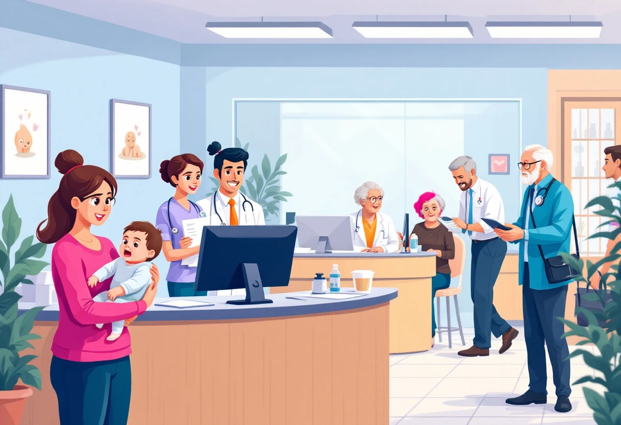An illustration showcasing a busy urgent care reception area with patients interacting with friendly staff, emphasizing the need for efficient communication and responsive service.