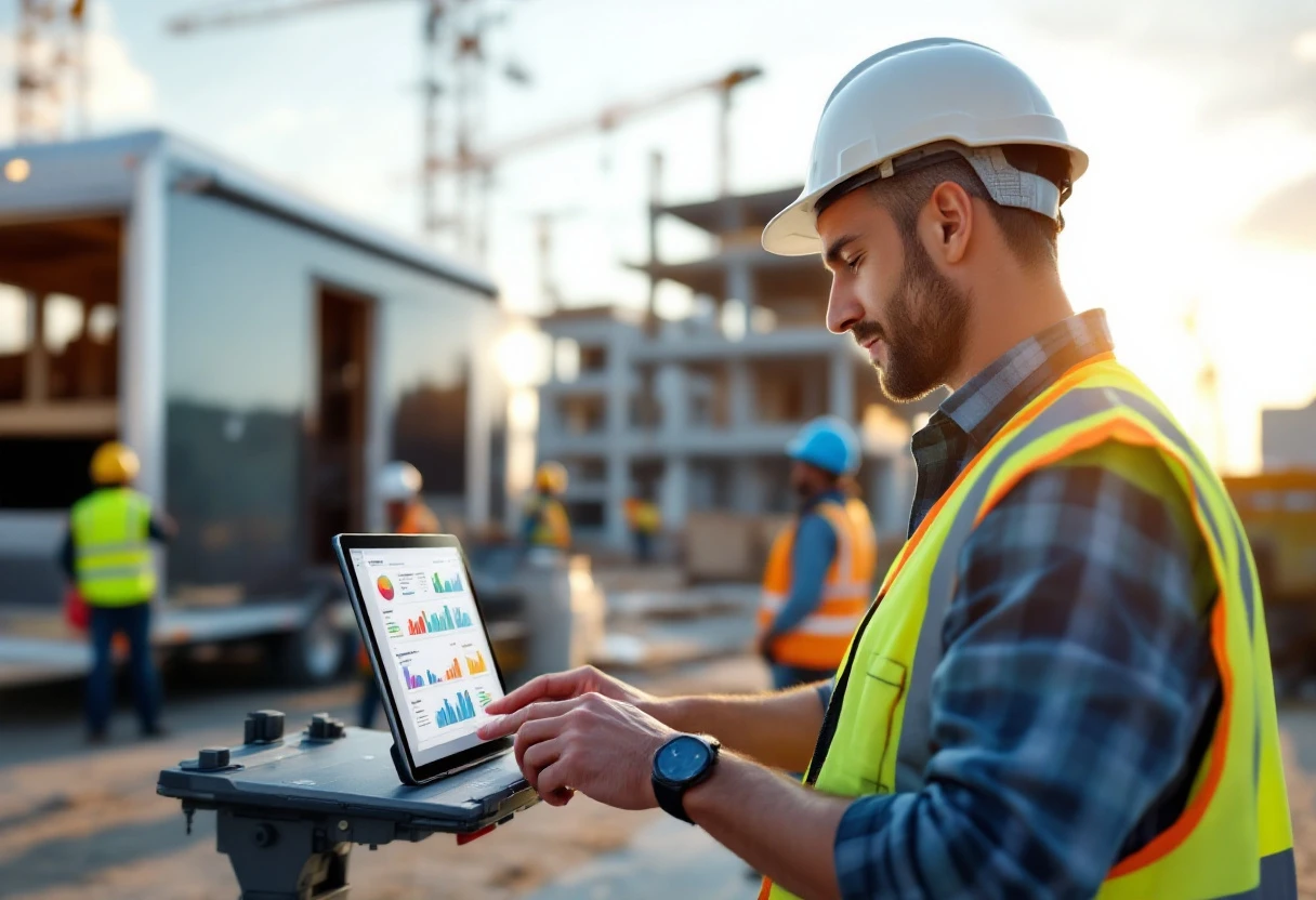 A contractor using an AI scheduling system on a tablet in a busy work environment, showcasing efficiency and modern technology.