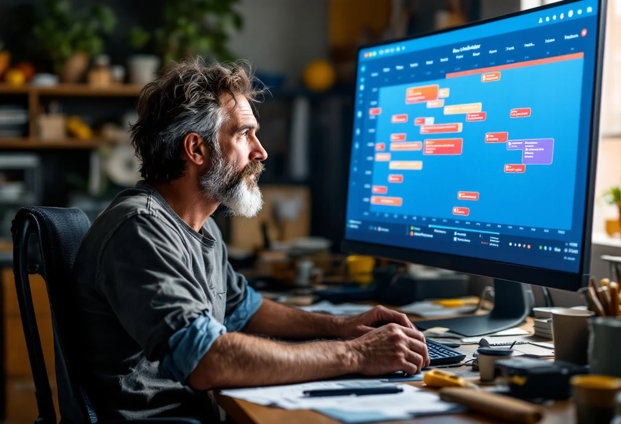 A busy contractor managing multiple projects using a digital scheduling system, with a clear dashboard displaying upcoming tasks and booked appointments.