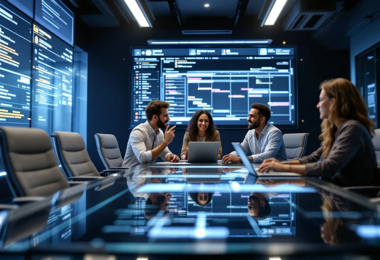 A dynamic office space showcasing a contractor team engaged in seamless communication through AI tools, with visible digital interfaces displaying automated messages and scheduling.