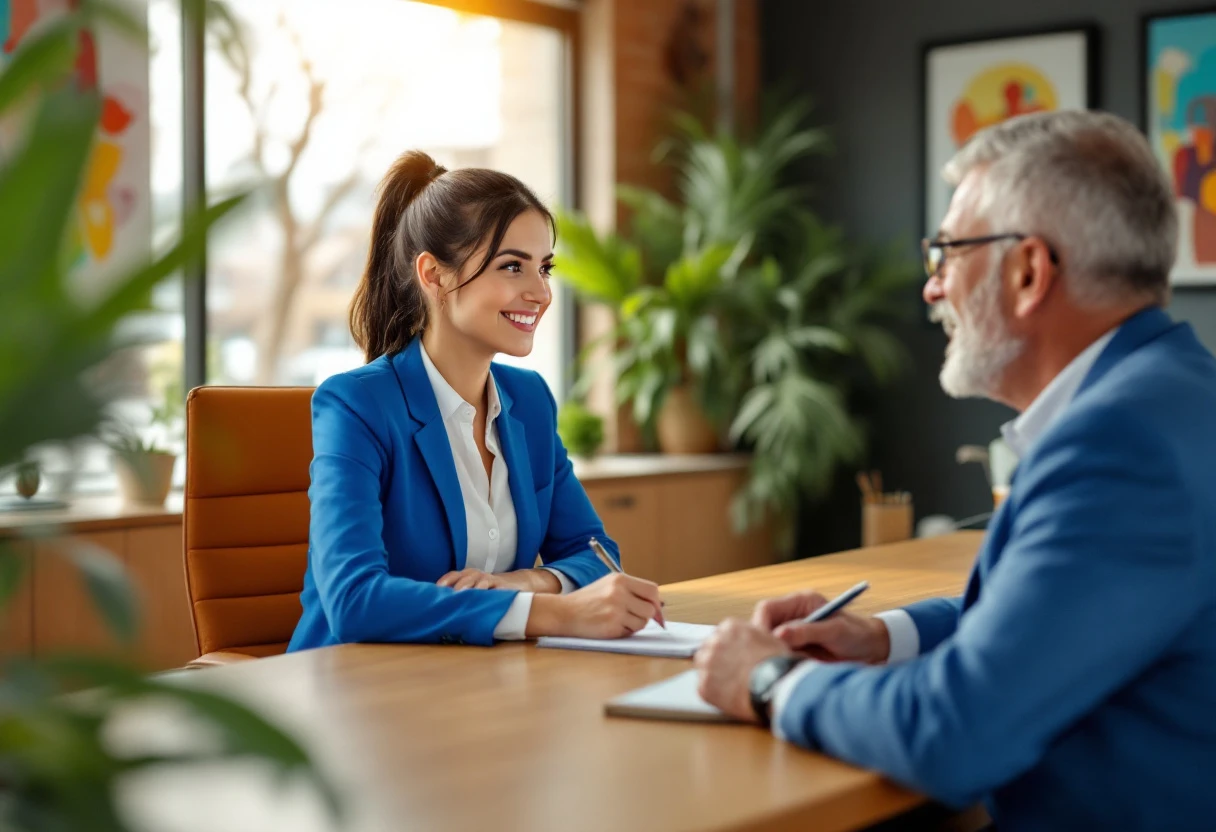 A vibrant office environment showcasing a receptionist helping a Spanish-speaking client, symbolizing connection and support.