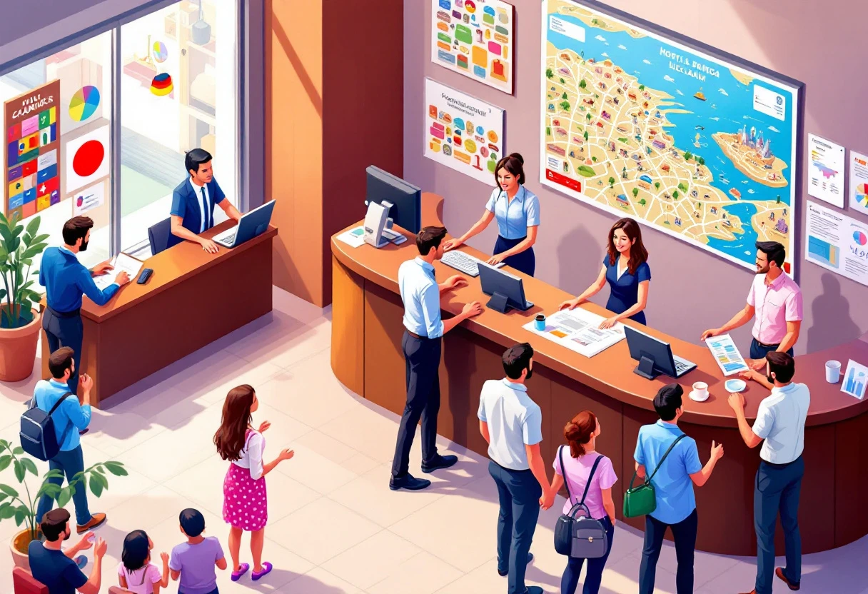 An image showing a busy hotel front desk with staff engaging with guests in different languages.