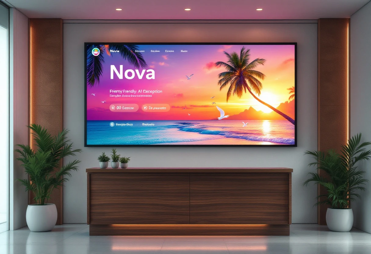 A friendly and inviting front desk at a hotel, depicting an AI reception interface with bilingual support.