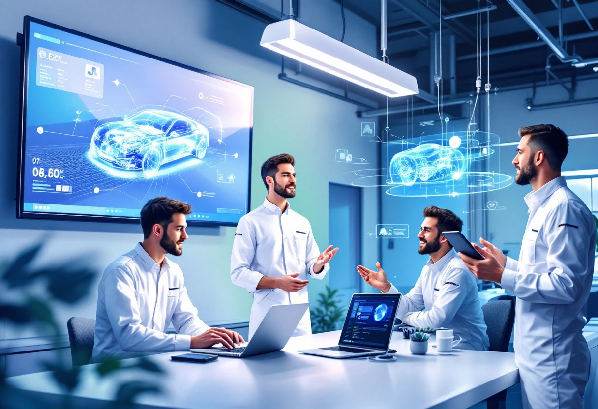 Dynamic visual of an auto shop team interacting with integrated digital technology, illustrating seamless communication and service efficiency.