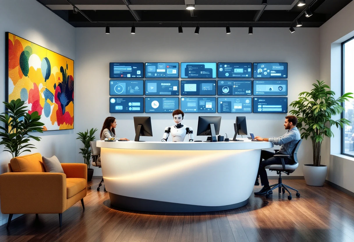 An engaging image depicting an auto shop reception area with a friendly AI receptionist managing multiple calls.