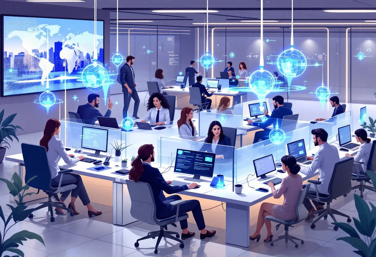 An illustration of a busy insurance call center with AI technology assisting agents as they interact with customers, showcasing a seamless integration of human and AI interactions.