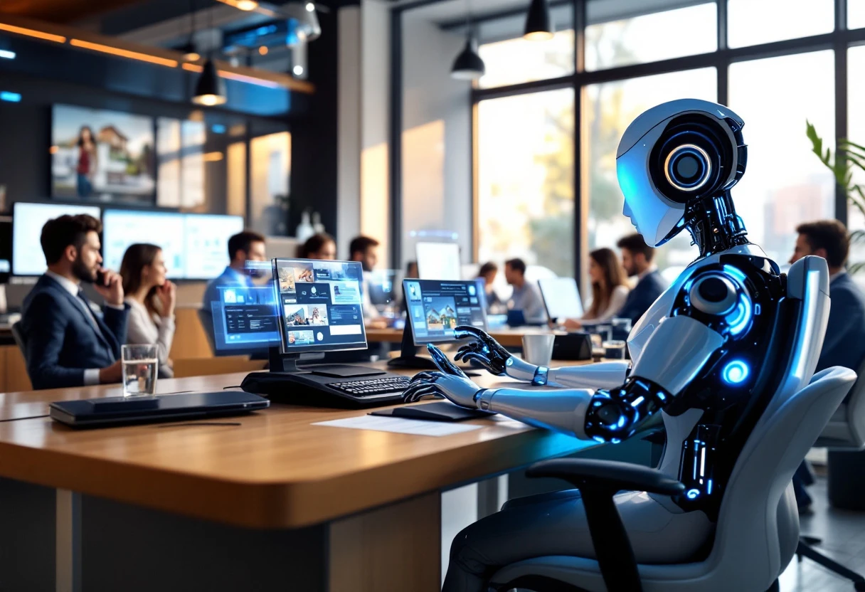 A busy real estate office with agents on calls, while an AI receptionist manages incoming inquiries through multiple devices.