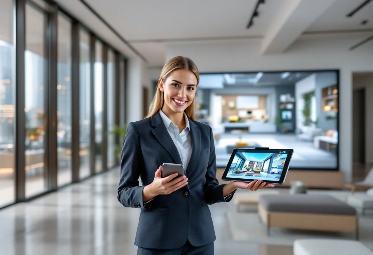 Visual of a modern real estate office with a real estate agent prominently using AI technology on a phone and tablet, showcasing seamless communication with potential clients.