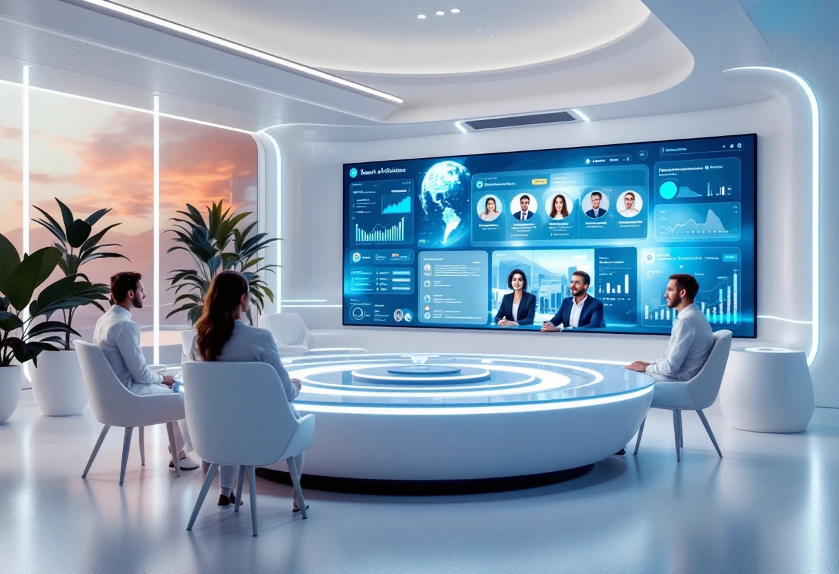A sleek, modern office environment where an AI system is visibly facilitating communication on multiple screens, showcasing engagement with potential clients.