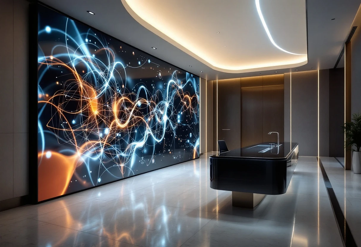 A vibrant image depicting a hotel reception area with a digital interface showcasing AI interaction