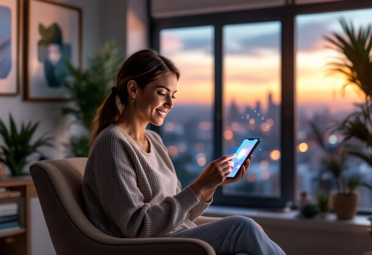 Image of a therapist using a smartphone or tablet with an AI interface, depicting a modern therapy practice environment.