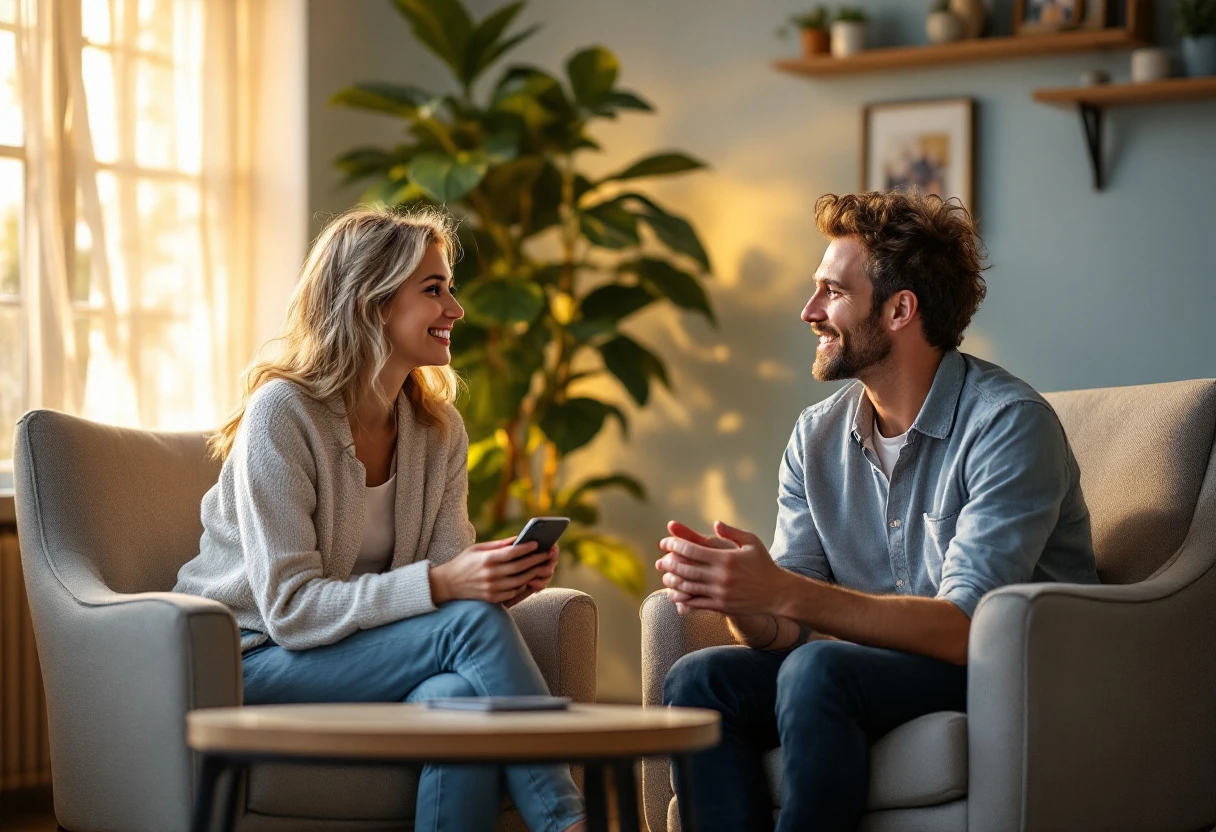 A calming therapy office scene, showcasing a therapist talking with a client while a phone sits nearby displaying SMS notifications.
