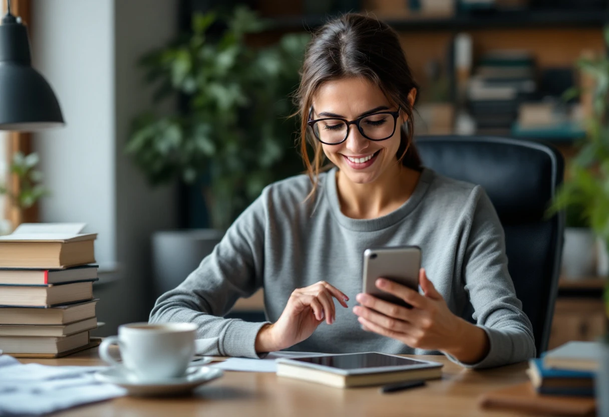 An image depicting a therapist reviewing automated texts on a phone while sitting at a desk, looking engaged and thoughtful.