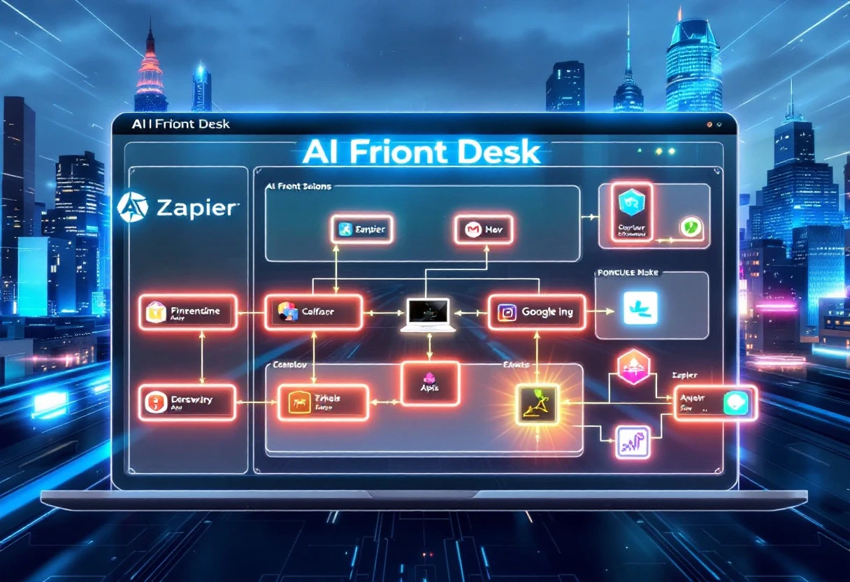 A visually striking diagram illustrating various integrations possible with AI Front Desk and Zapier, showing connected apps and data flow.