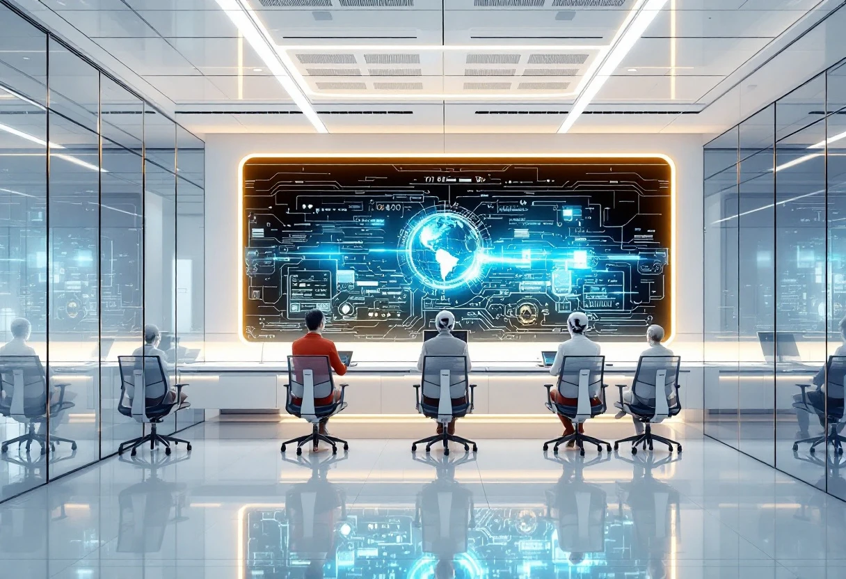 Busy call center with a digital interface showcasing the AI receptionist in action, handling multiple calls simultaneously.