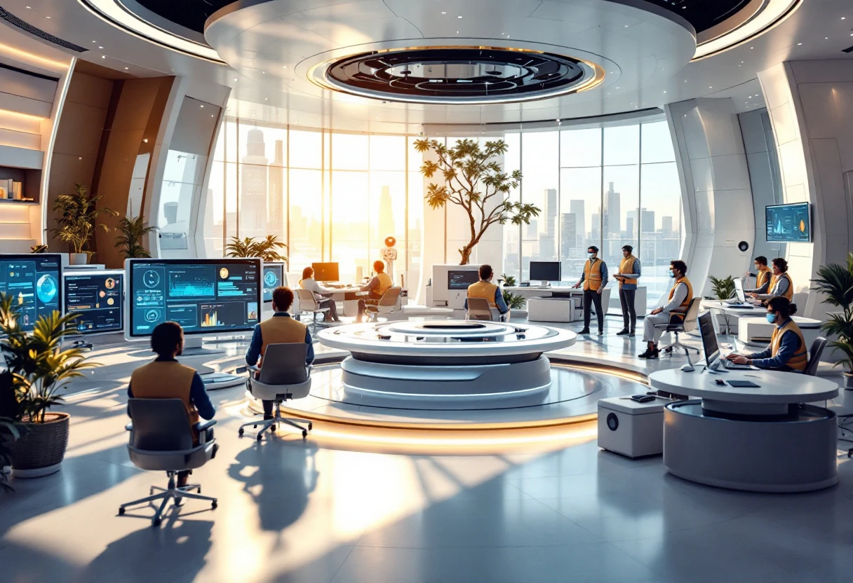 A busy home inspection office with AI technology aiding scheduling at various workstations, highlighting interactions between clients and service representatives.
