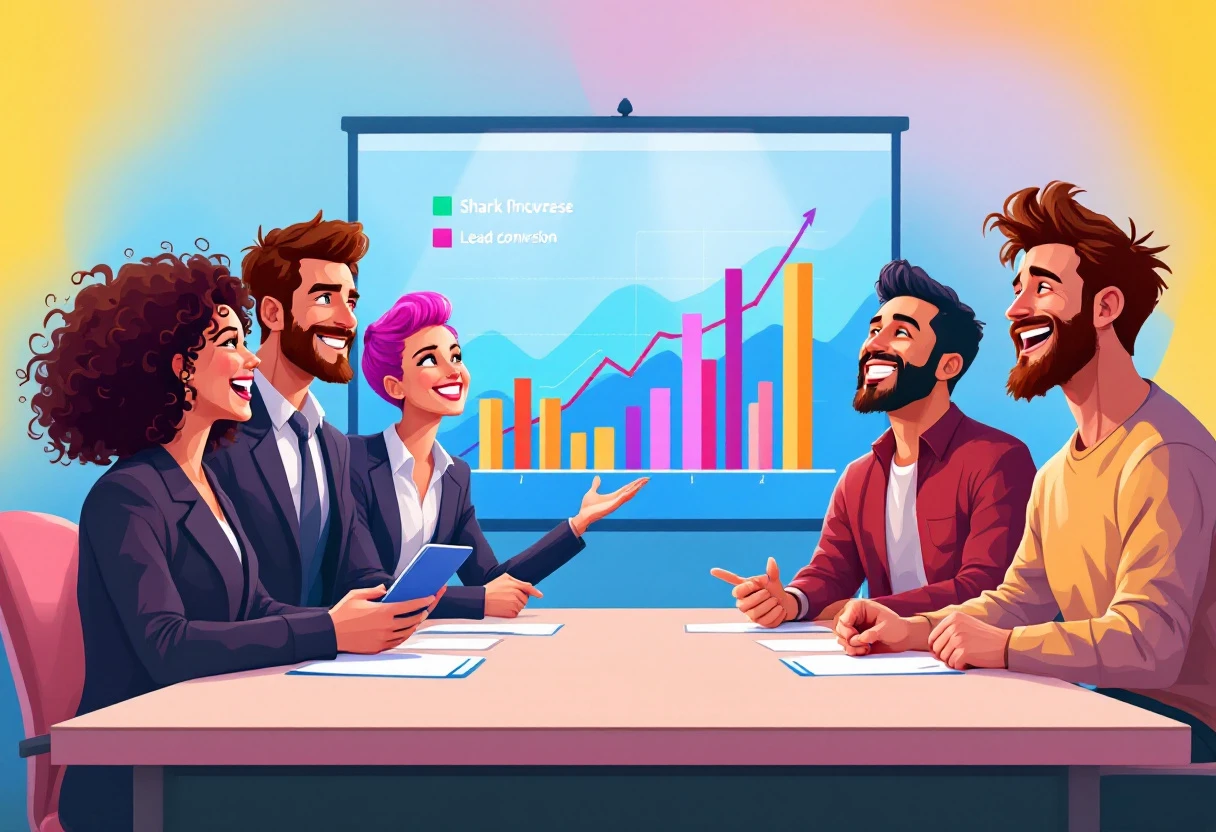A visual representation of a business team celebrating successful integration of AI tools in their CRM, with charts depicting increased productivity and lead conversions.